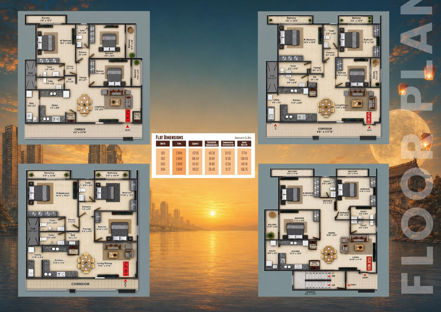 3 BHK Floor Plans & Flat Dimensions